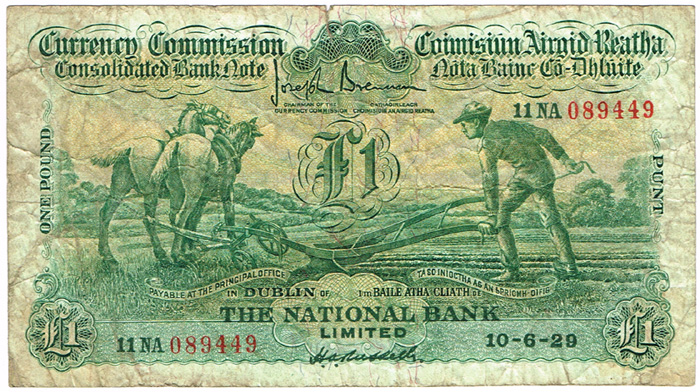 Currency Commission Consolidated Banknote 'Ploughman' National Bank One Pound, 10-6-29. at Whyte's Auctions