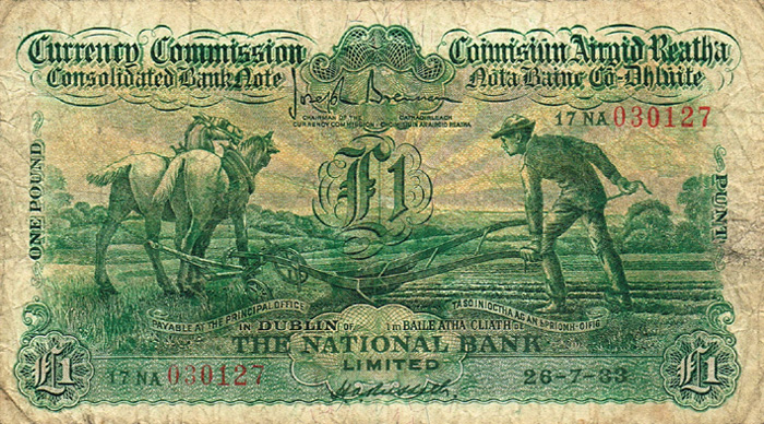 Currency Commission Consolidated Banknote 'Ploughman' National Bank One Pound, 26-7-33 at Whyte's Auctions
