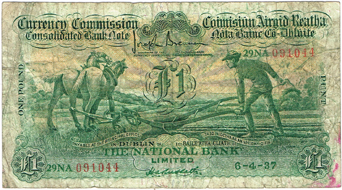 Currency Commission Consolidated Banknote 'Ploughman' National Bank One Pound, 6-4-37. at Whyte's Auctions