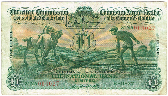 Currency Commission Consolidated Banknote 'Ploughman' National Bank One Pound 8-11-37. at Whyte's Auctions