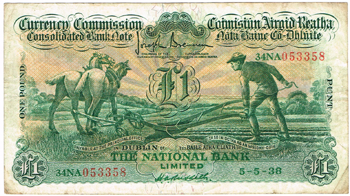 Currency Commission Consolidated Banknote 'Ploughman' National Bank One Pound 5-5-38. at Whyte's Auctions