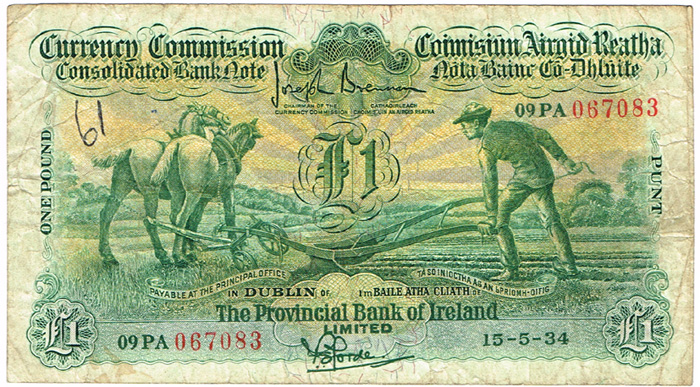 Currency Commission Consolidated Banknote 'Ploughman' Provincial Bank of Ireland One Pound 15-5-34 at Whyte's Auctions