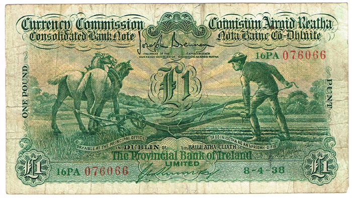 Currency Commission Consolidated Banknote 'Ploughman' Provincial Bank of Ireland One Pound 8-4-38 at Whyte's Auctions
