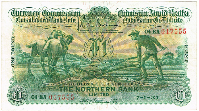 Currency Commission Consolidated Banknote 'Ploughman' Northern Bank One Pound 7-1-31. at Whyte's Auctions