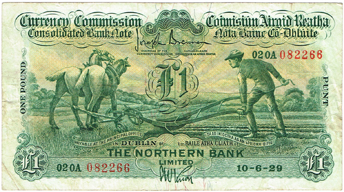 Currency Commission Consolidated Banknote 'Ploughman' Northern Bank One Pound 10-6-29. at Whyte's Auctions