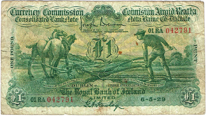 Currency Commission Consolidated Banknote 'Ploughman' Royal Bank of Ireland One Pound, 6-5-29 at Whyte's Auctions