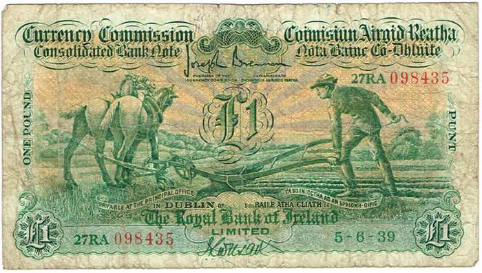 Currency Commission Consolidated Banknote 'Ploughman' Royal Bank of Ireland One Pound, 5-6-39 at Whyte's Auctions