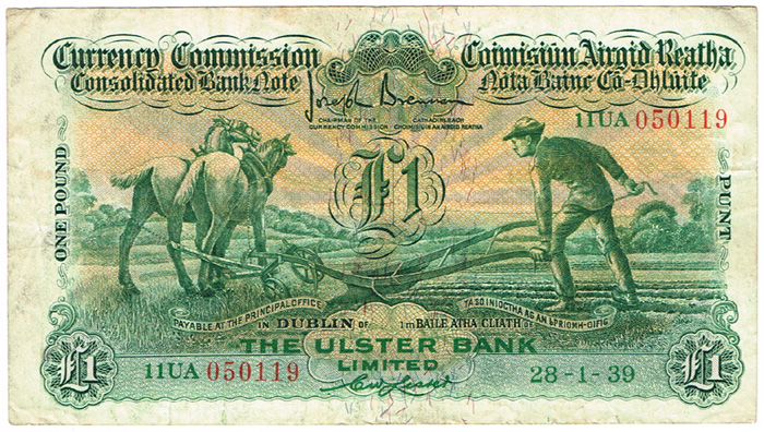 Currency Commission Consolidated Banknote 'Ploughman' Ulster Bank One Pound 28-1-39. at Whyte's Auctions