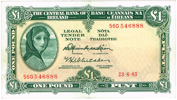 Central Bank 'Lady Lavery' One Pound printing error, 23-6-65. at Whyte's Auctions