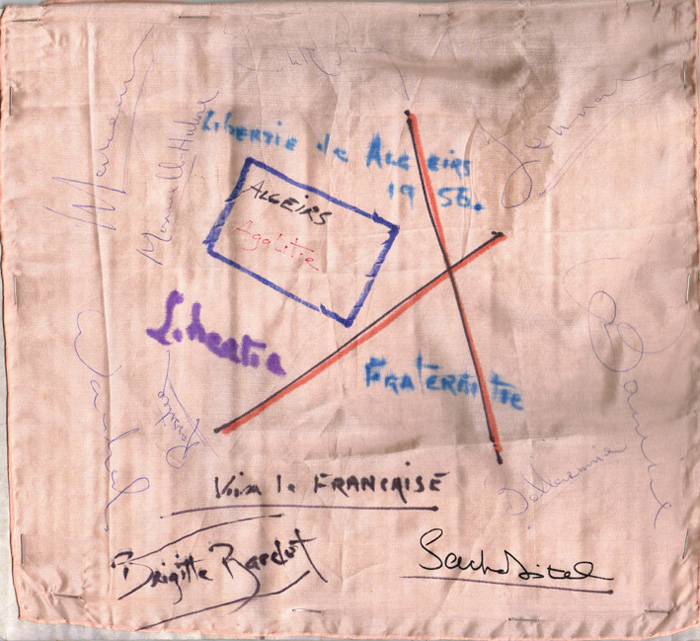 Edith Piaf, Brigitte Bardot, Sacha Distel and other autographs on a silk handkerchief commemorating Independence of Algeria 1956. at Whyte's Auctions