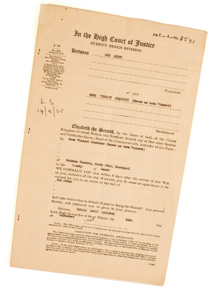 1965 (14 September) Don Arden v Gene Vincent, High Court Writ. at Whyte's Auctions