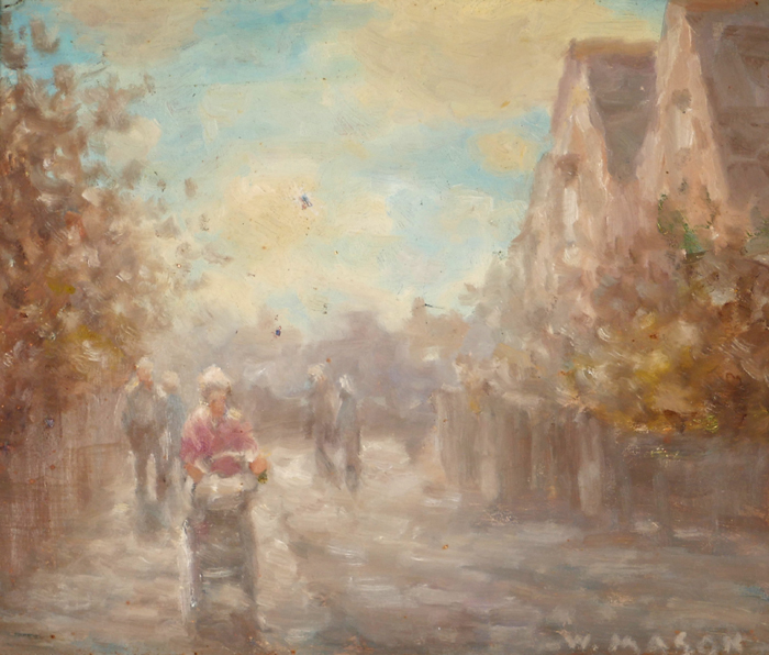 STREET SCENE WITH FIGURE IN PINK by William Mason sold for 200 at Whyte's Auctions