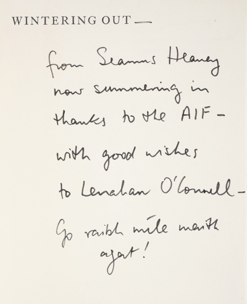 Seamus Heaney, Wintering Out, inscribed by the poet. at Whyte's Auctions