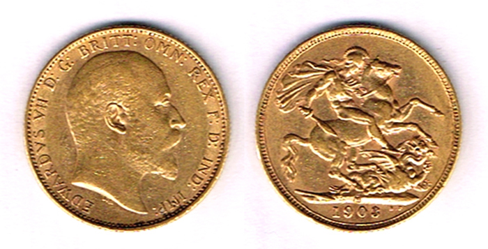 Edward VII gold sovereigns 1903, 1904, 1905, 1907. at Whyte's Auctions