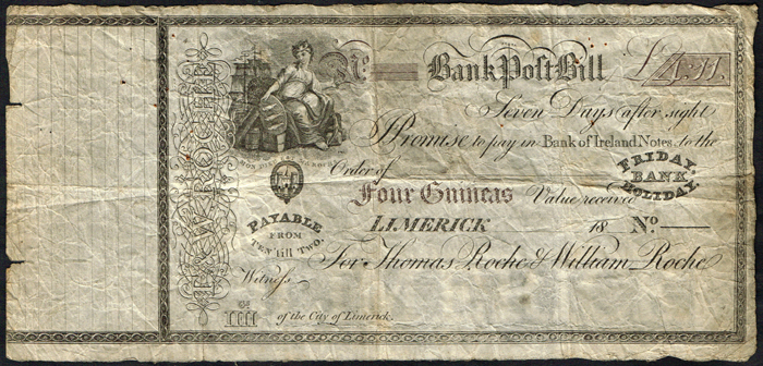 Roches Limerick Bank Four Guineas Post Bill at Whyte's Auctions