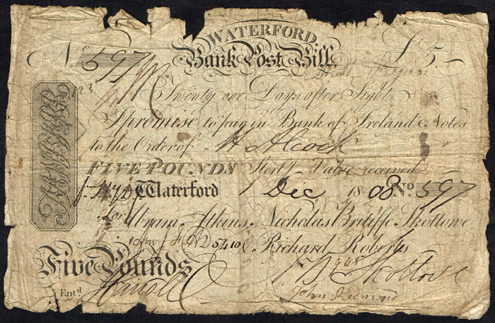 Waterford Bank, Five Pounds Bank Note, 1 December 1808 at Whyte's Auctions