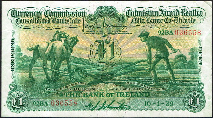 Currency Commission Consolidated Banknote 'Ploughman' Bank of Ireland One Pound 10-1-39 at Whyte's Auctions