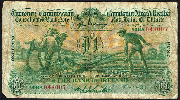 Currency Commission Consolidated Banknote 'Ploughman' Bank of Ireland One Pound, 10-1-39 at Whyte's Auctions