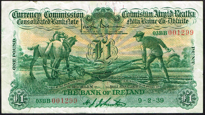 Currency Commission Consolidated Banknote 'Ploughman' Bank of Ireland One Pound 9-2-39 at Whyte's Auctions