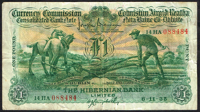 Currency Commission Consolidated Banknote 'Ploughman' Hibernian Bank One Pound 6-11-35 at Whyte's Auctions