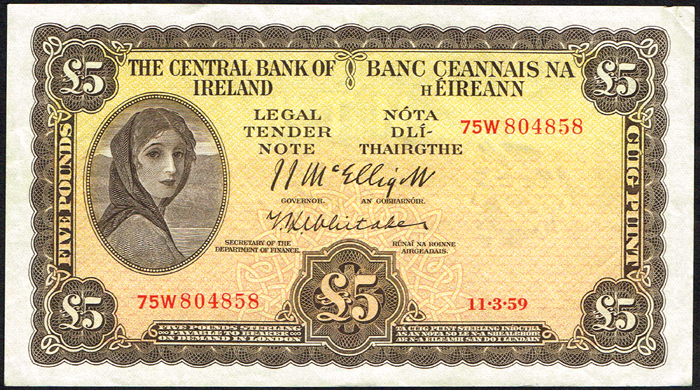 Central Bank 'Lady Lavery' Five Pounds, 1958-1959. at Whyte's Auctions