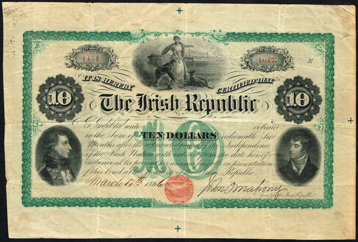 The Irish Republic, Ten Dollars bond, issued by the Fenians, rare large size certificate, 17 March 1866. at Whyte's Auctions