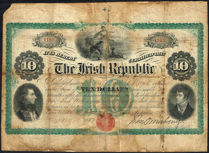 The Irish Republic, Ten Dollars bond, issued by the Fenians, rare large size certificate, 15 January 1866. at Whyte's Auctions