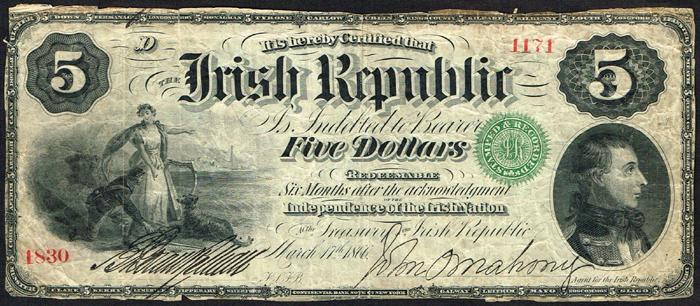 The Irish Republic, Five Dollars bond, issued by the Fenians, 17 March 1866. at Whyte's Auctions