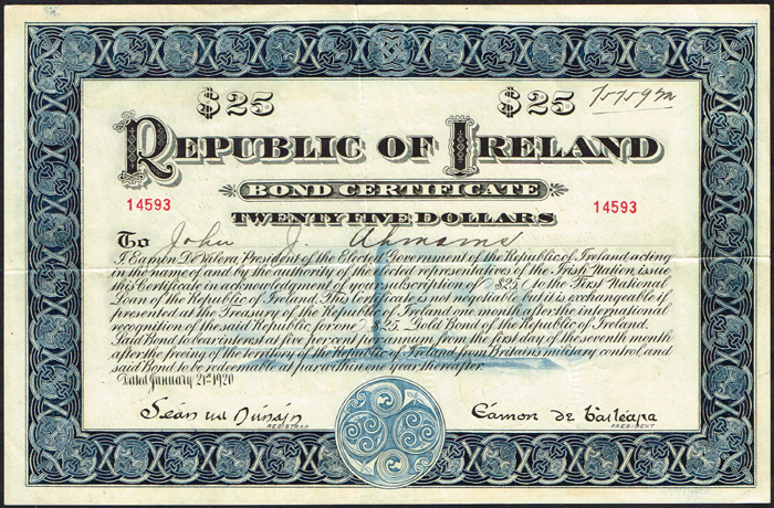 1920 Republic of Ireland Bond Certificate for Twenty-five Dollars. at Whyte's Auctions