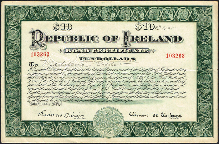 1920 Republic of Ireland Ten-Dollar bond certificate, compliment slip and Bond Certificate Campaign booklet at Whyte's Auctions