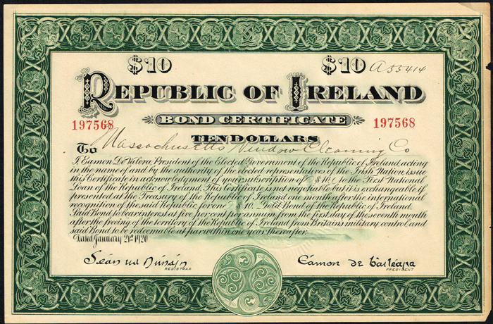 1920 Republic of Ireland Ten-Dollar bond certificate and receipt. at Whyte's Auctions