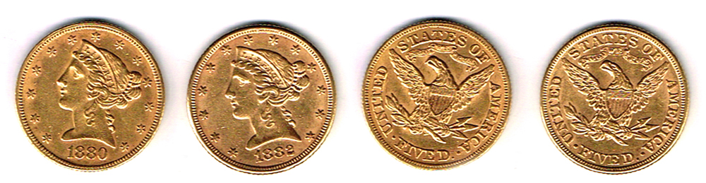 USA.  Five dollars gold, 1880 and 1882. at Whyte's Auctions