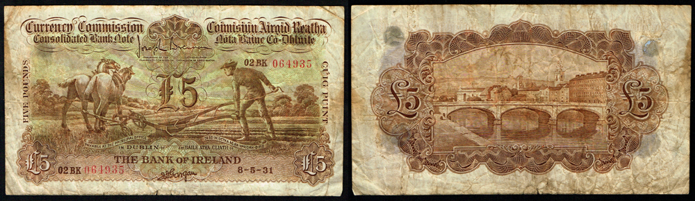 Currency Commission Consolidated Banknote 'Ploughman' Bank of Ireland Five Pounds, 8-5-31. at Whyte's Auctions