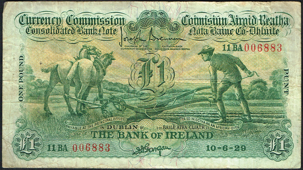 Currency Commission Consolidated Banknote 'Ploughman' One Pound, Bank of Ireland, 1929-1939. at Whyte's Auctions