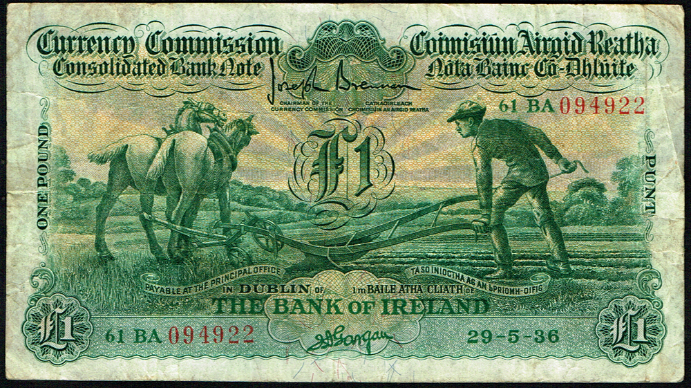 Currency Commission Consolidated Banknote 'Ploughman' Bank of Ireland One Pound 1936-1937. at Whyte's Auctions