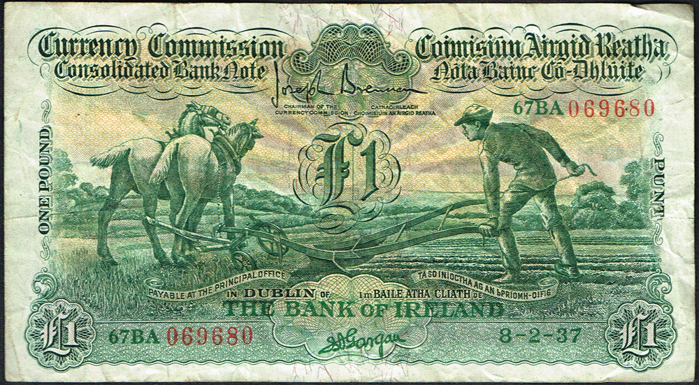 Currency Commission Consolidated Banknote 'Ploughman' One Pound, Bank of Ireland, 1937-1939 collection. at Whyte's Auctions