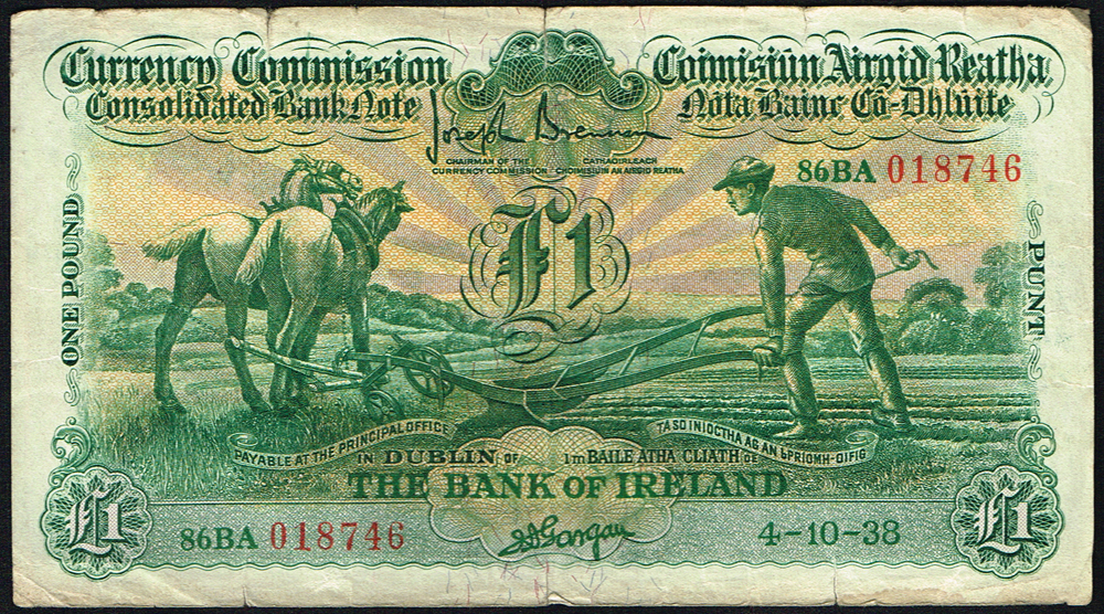 Currency Commission Consolidated Banknote 'Ploughman' Bank of Ireland One Pound 4-10-38 at Whyte's Auctions
