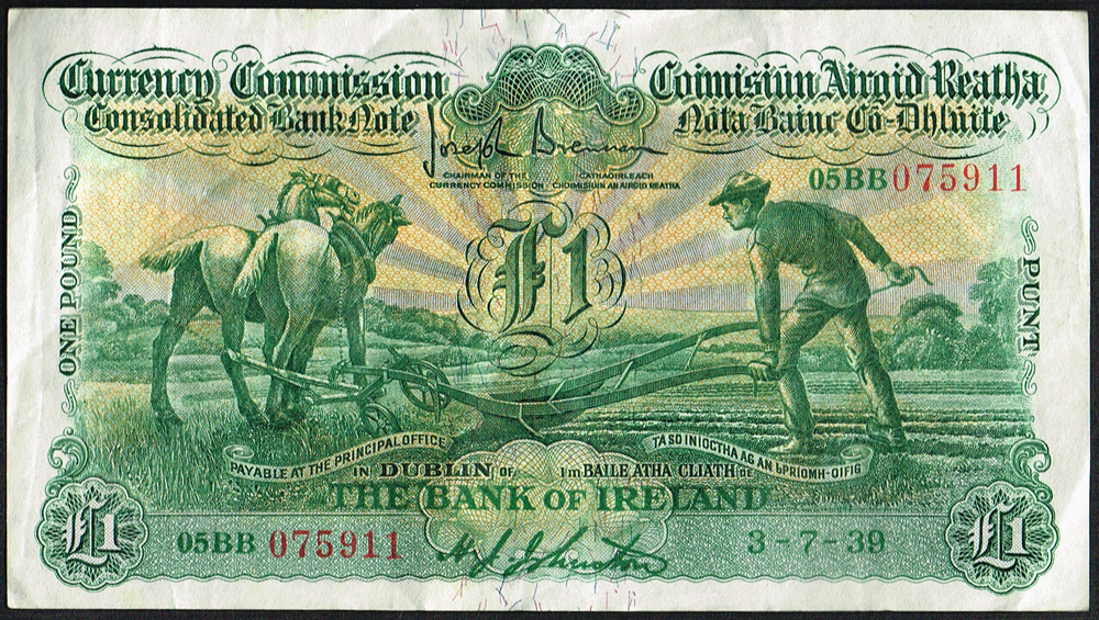 Currency Commission Consolidated Banknote 'Ploughman' One Pound, Bank of Ireland, 9-2-39 and 3-7-39. at Whyte's Auctions
