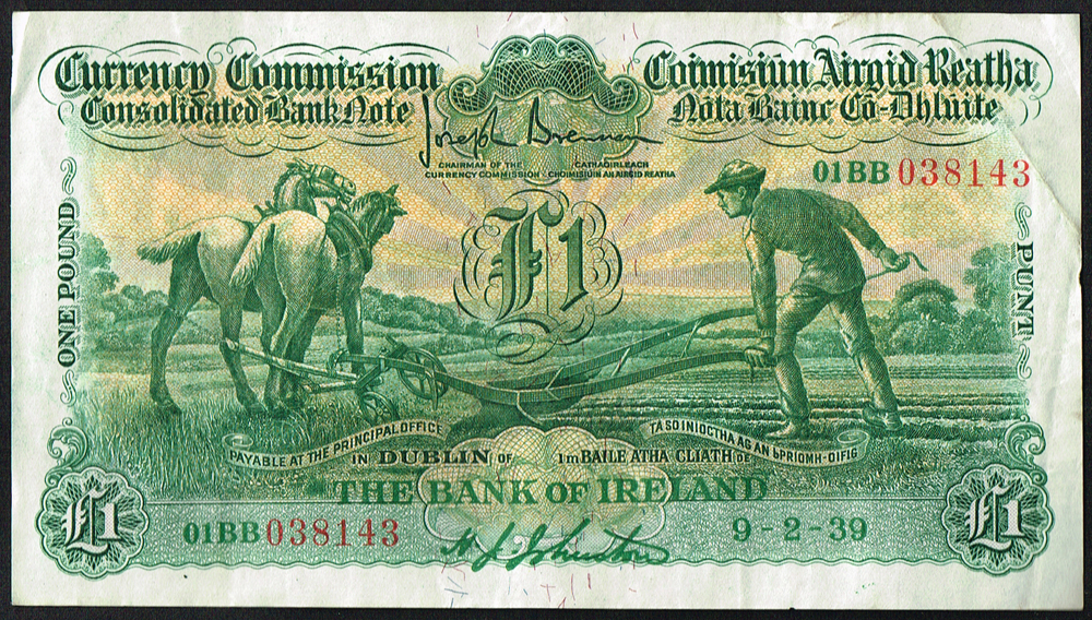 Currency Commission Consolidated Banknote 'Ploughman' One Pound, Bank of Ireland, 9-2-39, sequential pair. at Whyte's Auctions