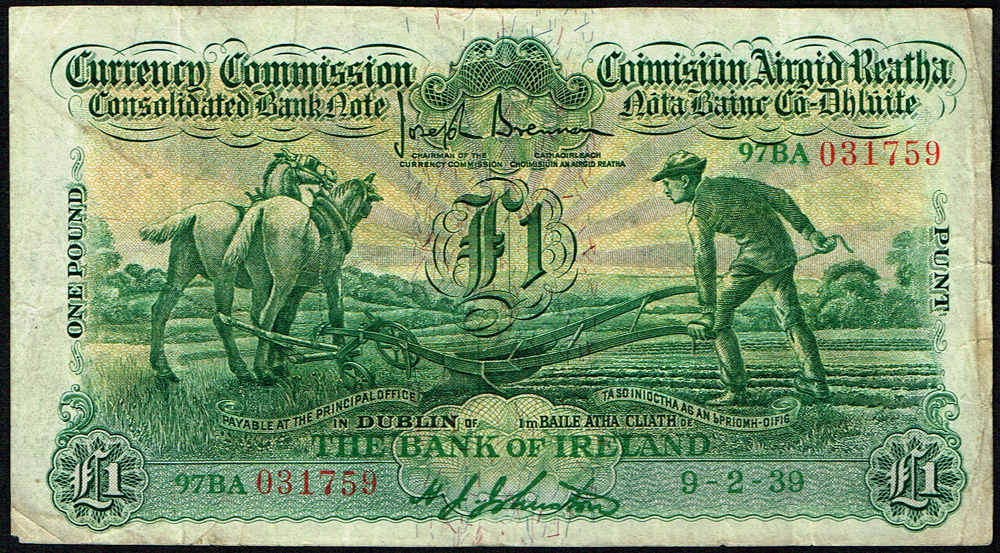 Currency Commission Consolidated Banknote 'Ploughman' Bank of Ireland One Pound 9-2-39 at Whyte's Auctions