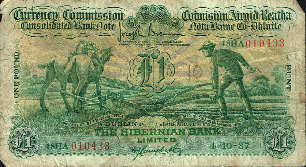 Currency Commission Consolidated Banknote 'Ploughman' One Pound, Hibernian Bank, 4-10-37. at Whyte's Auctions