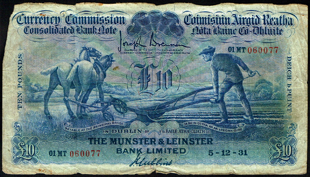 Currency Commission Consolidated Banknote 'Ploughman' Munster & Leinster Bank Ten Pounds 5-12-31 at Whyte's Auctions
