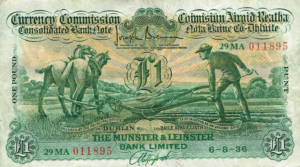 Currency Commission Consolidated Banknote 'Ploughman' One Pound, Munster & Leinster Bank, 6-8-36. at Whyte's Auctions