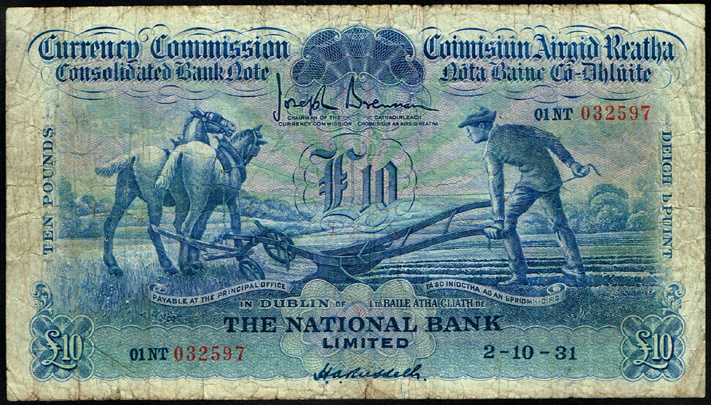 Currency Commission Consolidated Banknote 'Ploughman' National Bank Ten Pounds 2-10-31 at Whyte's Auctions