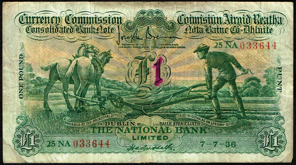 Currency Commission Consolidated Banknote 'Ploughman' National Bank One Pound, 7-7-36. at Whyte's Auctions