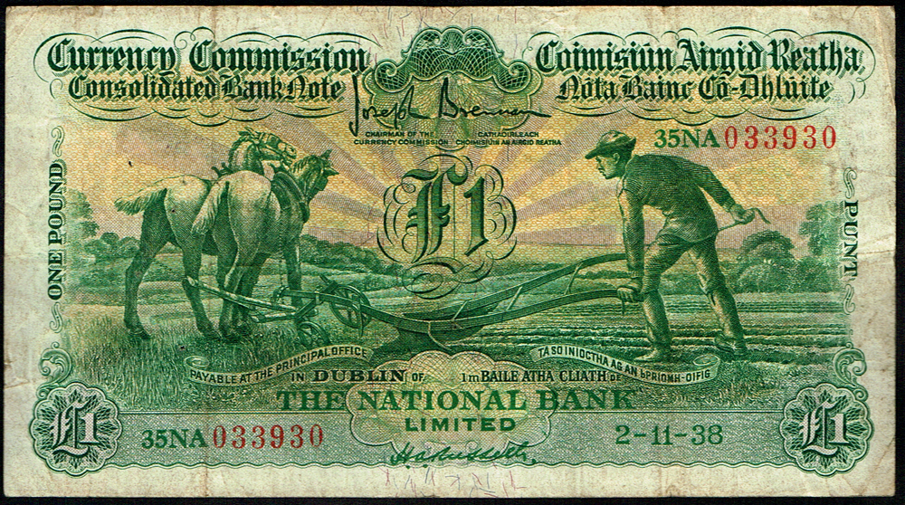 Currency Commission Consolidated Banknote 'Ploughman' National Bank One Pound, 2-11-38 at Whyte's Auctions