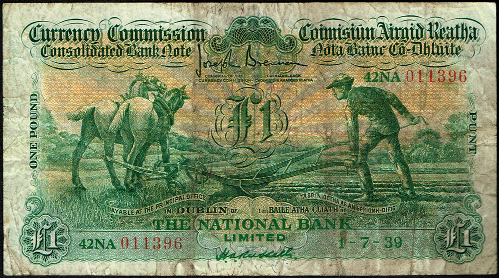 Currency Commission Consolidated Banknote 'Ploughman' National Bank One Pound, 1-7-39. at Whyte's Auctions