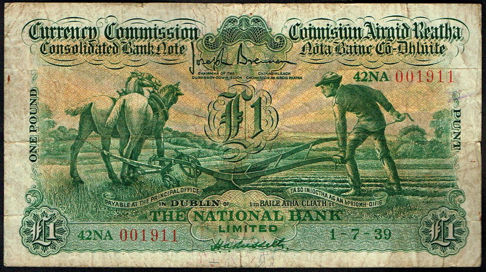 Currency Commission Consolidated Banknote 'Ploughman' National Bank One Pound, 1-7-39. at Whyte's Auctions