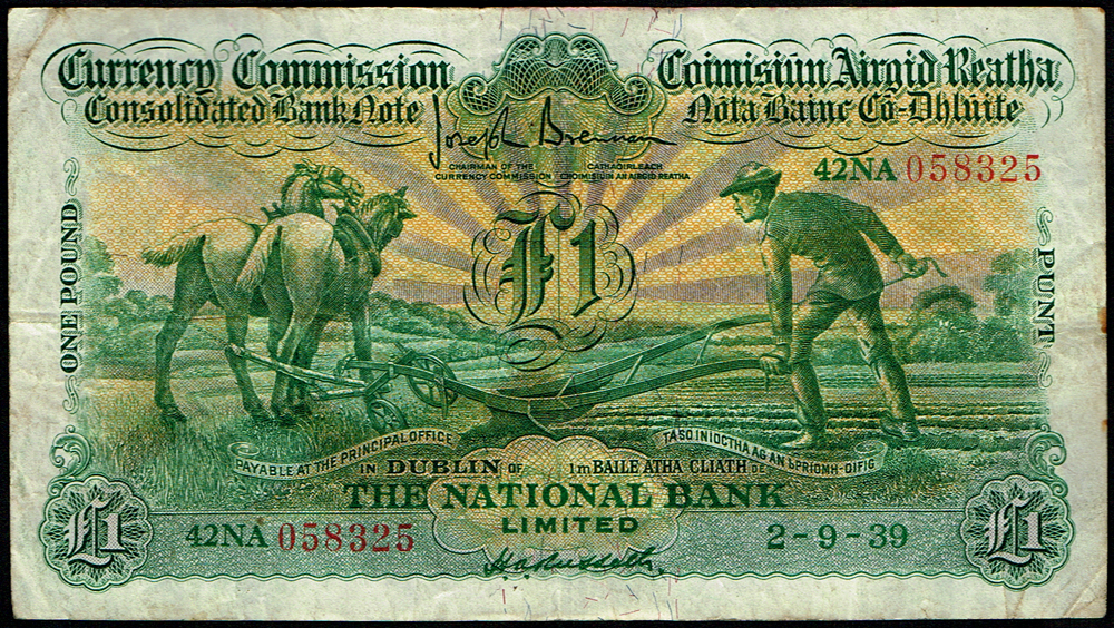 Currency Commission Consolidated Banknote 'Ploughman' National Bank One Pound 2-9-39 at Whyte's Auctions
