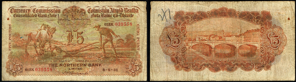 Currency Commission Consolidated Banknote 'Ploughman' Northern Bank Five Pounds, 8-5-31. at Whyte's Auctions